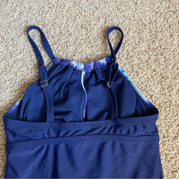 Blue Tie Dye High Neck Wrap One Piece Swimsuit - Picture 7 of 8